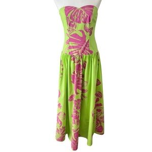 Vintage CC Fashions Neon Green Pink Hawaiian Drop Waist Strapless Midi Dress